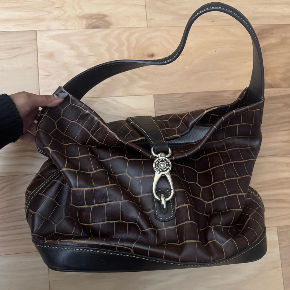Dooney & Bourke Dark Brown Croc-Embossed Leather Hobo Shoulder Bag & Makeup Bag